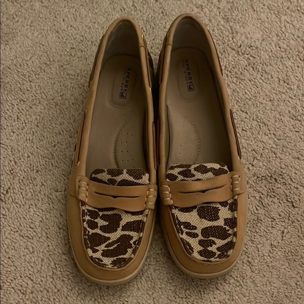 Sperry Cream and Brown Loafers with Leopard Print